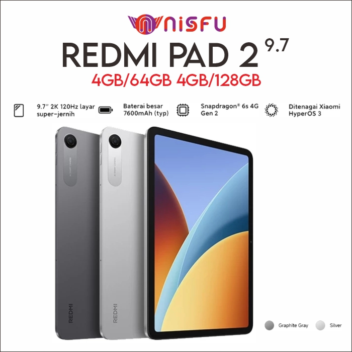 Xiaomi REDMI Pad 2 9.7 - RAM 4GB+64GB | Tablet Layar 9,7"2K 120 Hz | Daya7600 mAh 18W Type C | Tab X