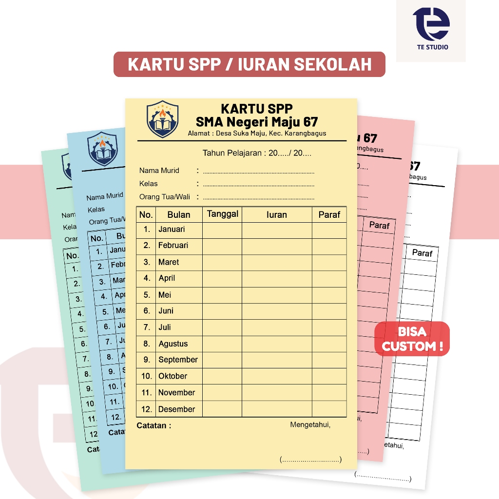 TE Studio - Kartu SPP Iuran Sekolah Custom Nama Logo Kartu Syahriyah TPA TPQ Kartu Iuran Infaq atau 