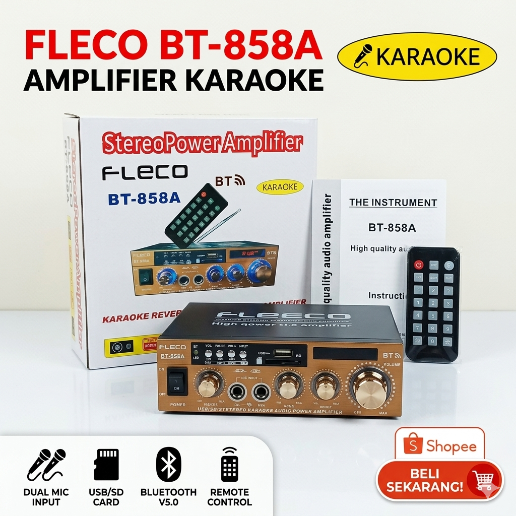 Power Amplifier Bluetooth Fleco BT-858A Stereo Karaoke USB SD FM Remote Mini Amplifier Audio 12V/220
