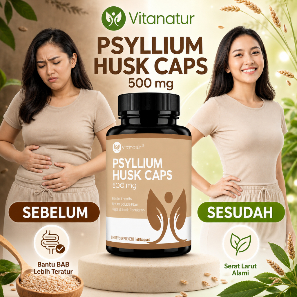 Vitanatur Psyllium Husk Caps 500mg 60 Kapsul | Serat Larut Alami untuk Menjaga Kesehatan Pencernaan 