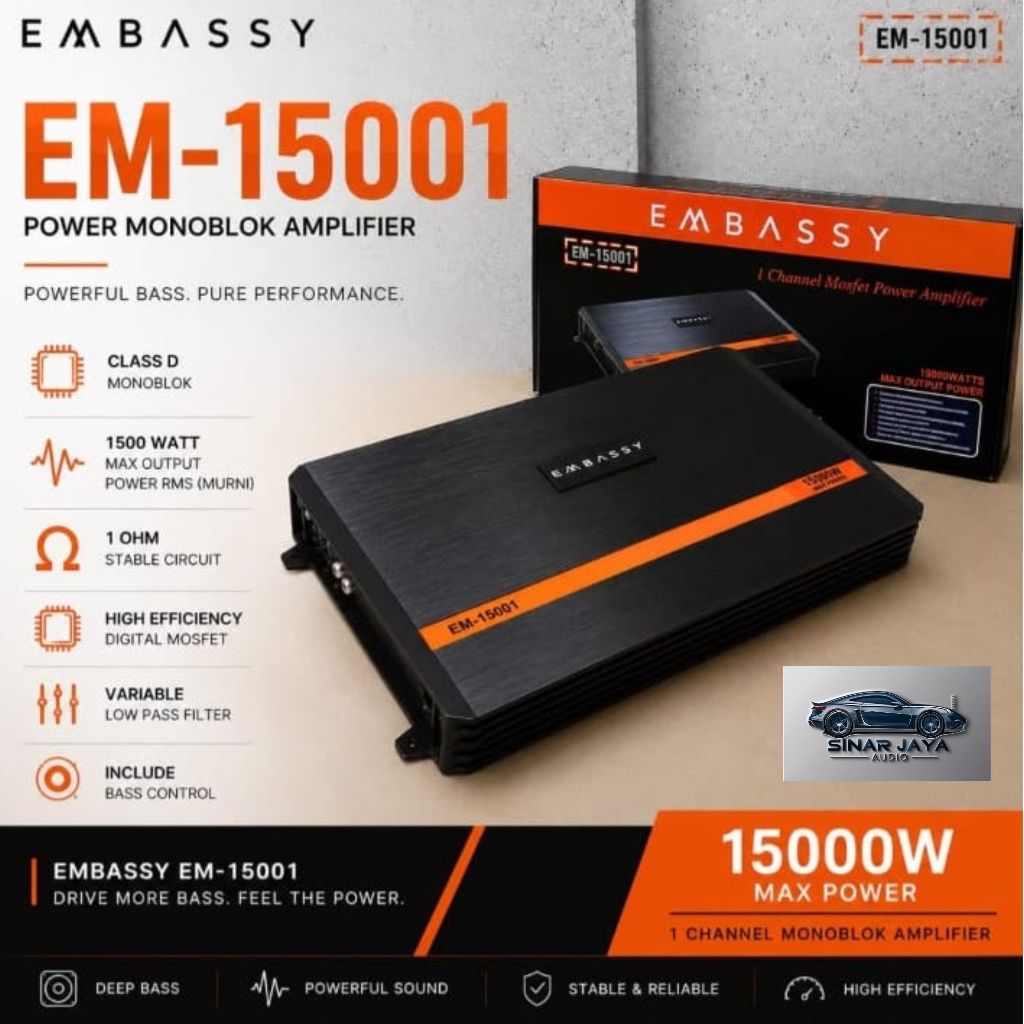 Embassy EM-1500.1 | Power Monoblock Amplifier 1 Channel Audio Mobil Embassy EM-1500.1 Daya Output 15
