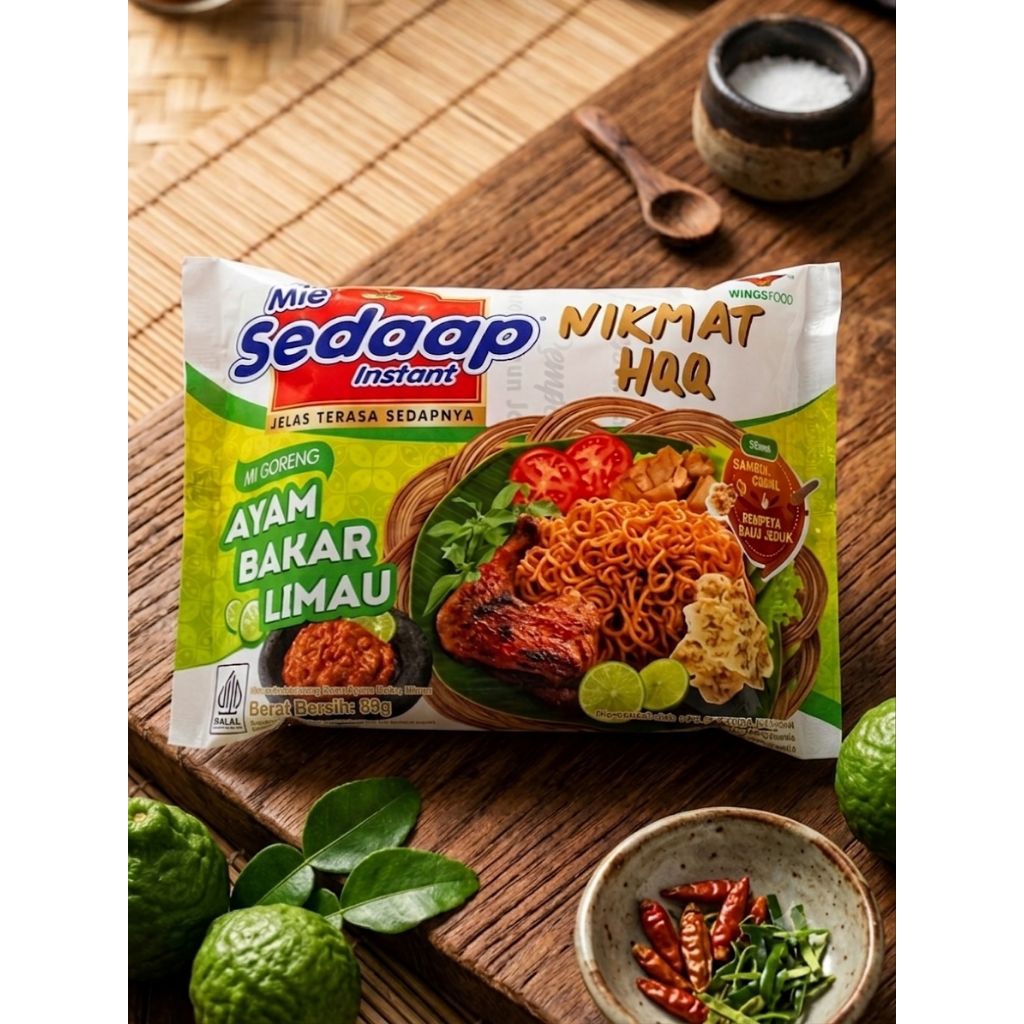 Mie Sedaap goreng ayam bakar limau dengan sambal cobek dan rempeyek  daun jeruk mie instan 89gr