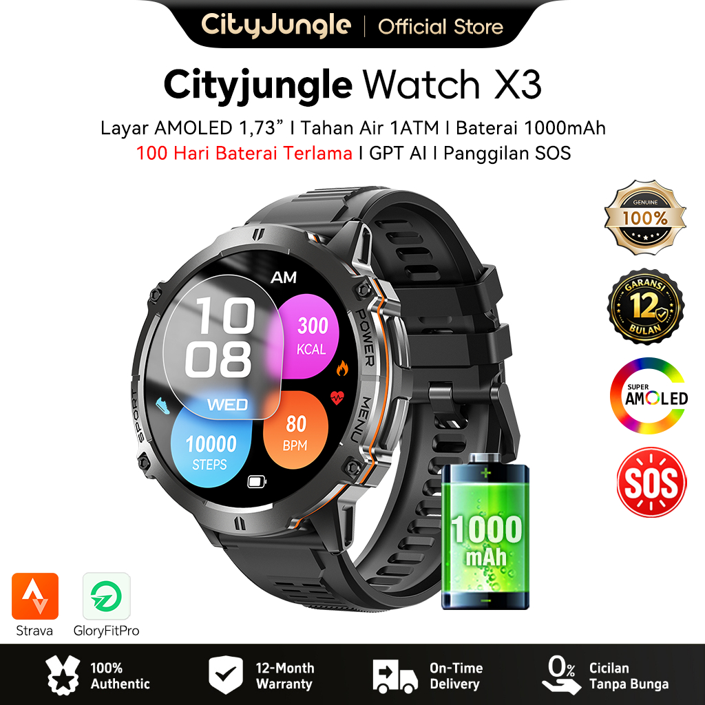 Cityjungle Smartwatch X3 Layar AMOLED 1,72" Baterai 1000mAh Tahan Air 1ATM Kompas Altimeter AI Fitne