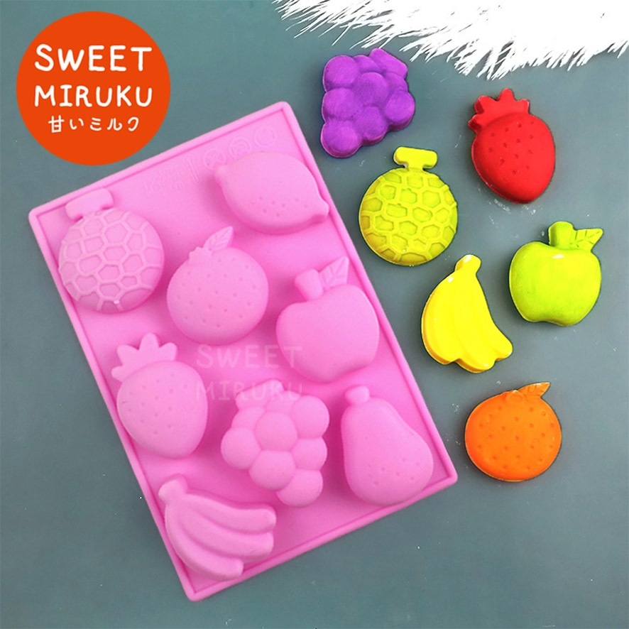 B214 CETAKAN SILIKON TEMA BUAH BUAHAN SEMI 3D ANGGUR MELON PISANG APEL JERUK STROBERI UNTUK DEKORASI