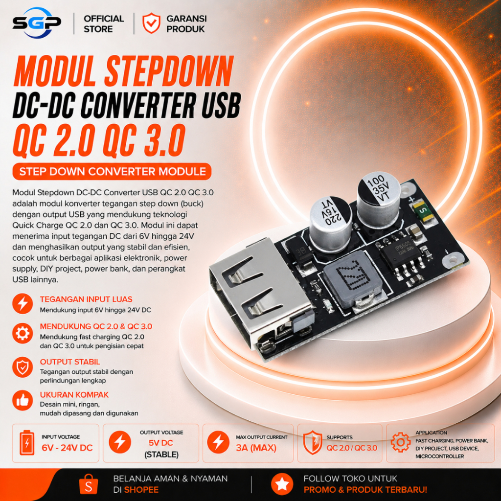 Modul Stepdown DC-DC Converter USB QC 2.0 QC 3.0 Quick Charge Output Modul Charger Hp di Motor Modul
