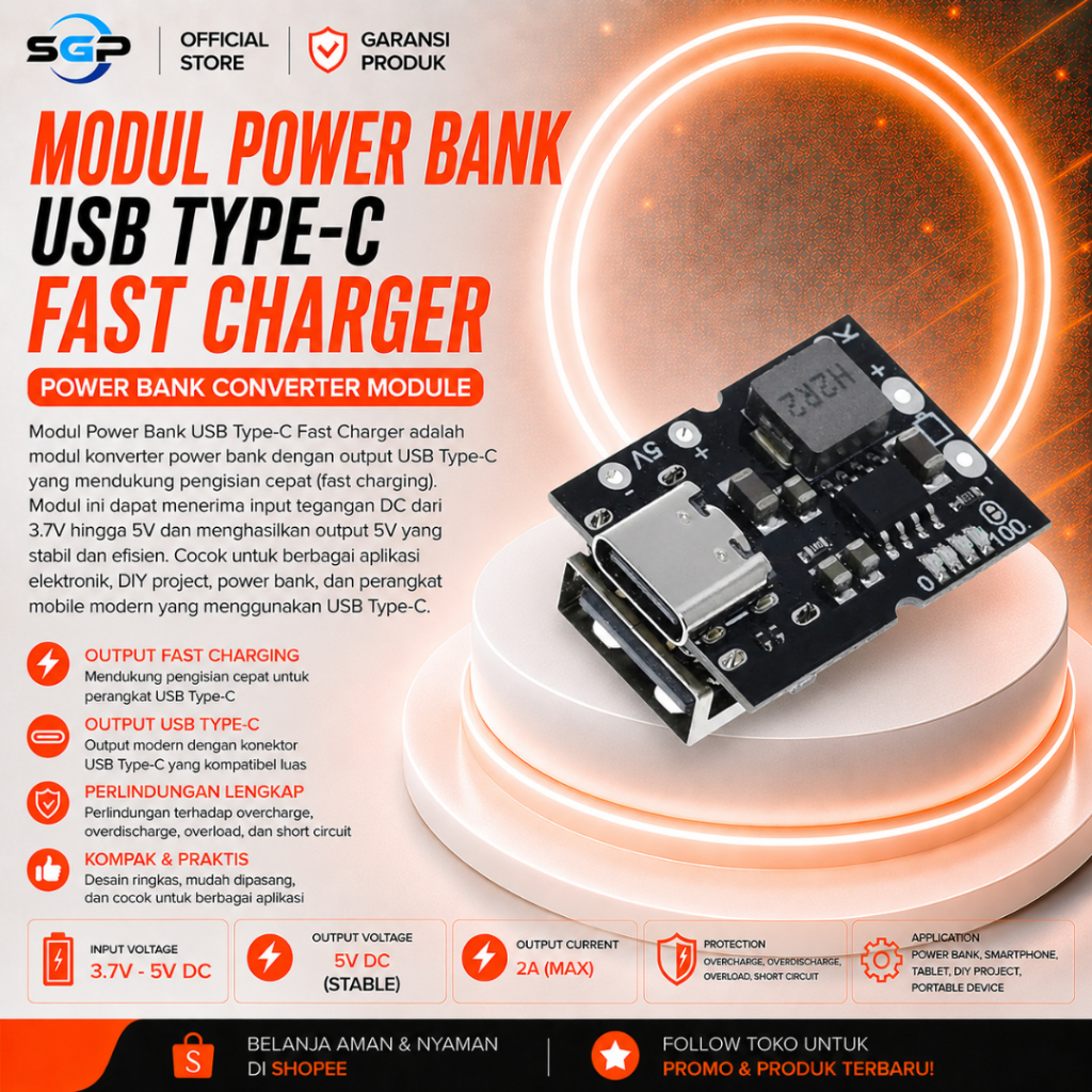 Modul Power Bank USB Type-C Fast Charger Step Up Baterai 18650 Lithium 5V 2A Modul Powerbank Tipe C 