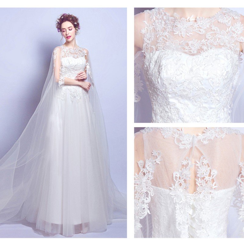 Wanita Simple Panjang Gaun Pengantin Putih Lace Bunga Gaun Pesta