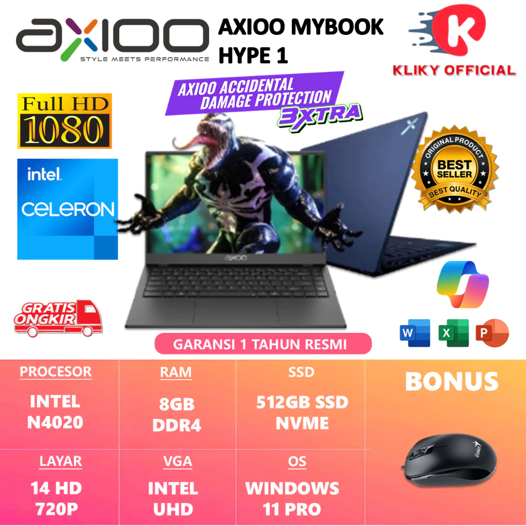Laptop Sekolah Axioo Mybook Hype 1 Intel N4020 RAM 8GB SSD 512GB WIN11 NEW