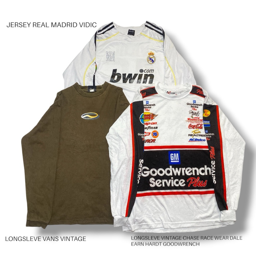 Koleksi 3 Longsleeve Vintage, Jersey Real Madrid, Vans, Chase Race Wear Goodwrench