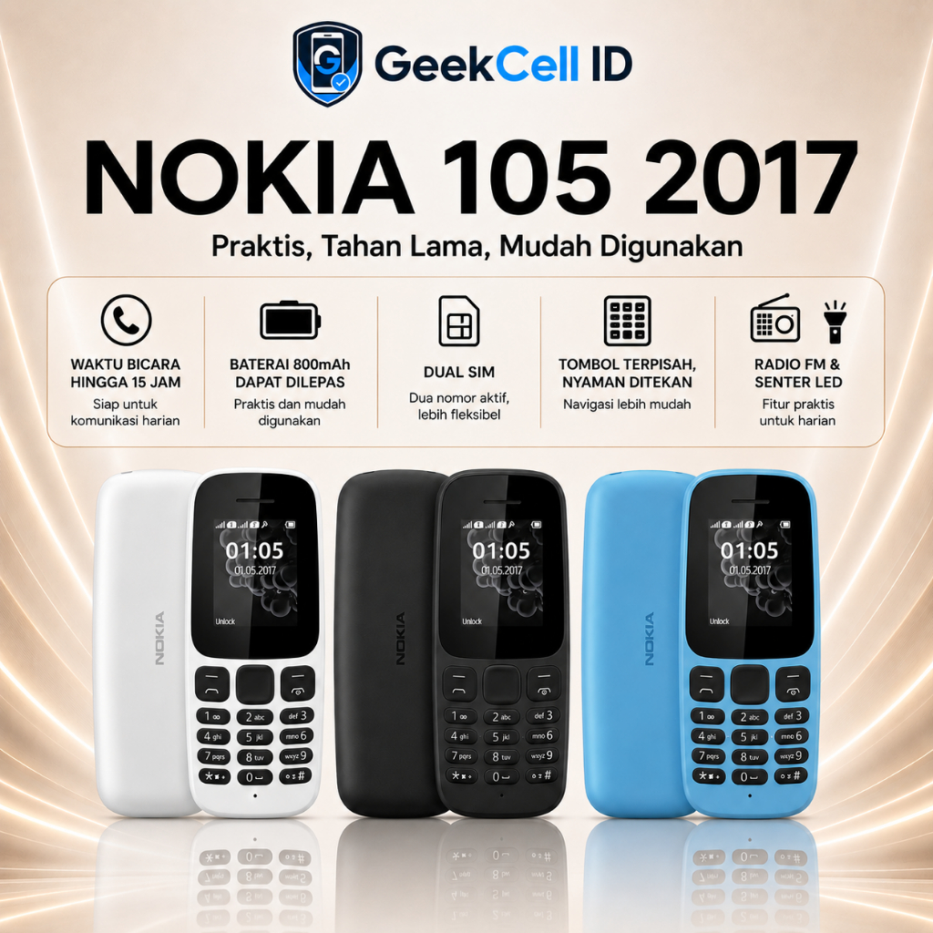 HP Nokia 105 2017 Dual SIM Tombol Baterai 800mAh Radio FM Senter LED Layar Warna 1.8 Inci