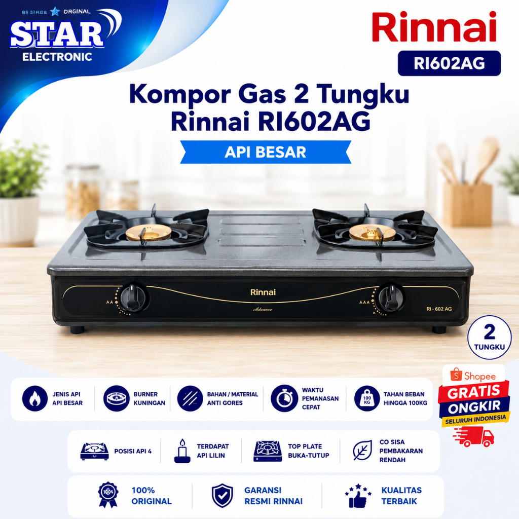 KOMPOR GAS RINNAI 2 TUNGKU RI-602AG/RI602AG/RI602 AG/RI 602AG/RI-602 AG/RI 602 AG/GARANSI RESMI ORI