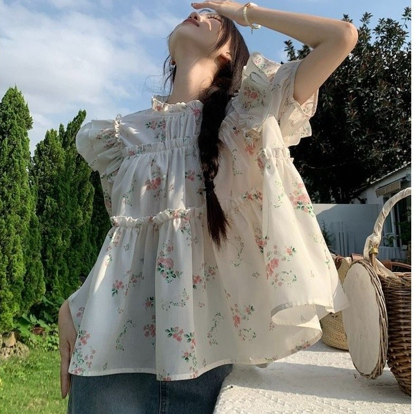 LUNARICA lengan Puff blus wanita   Baru Desain Bunga Manis Lengan Pendek atasan
