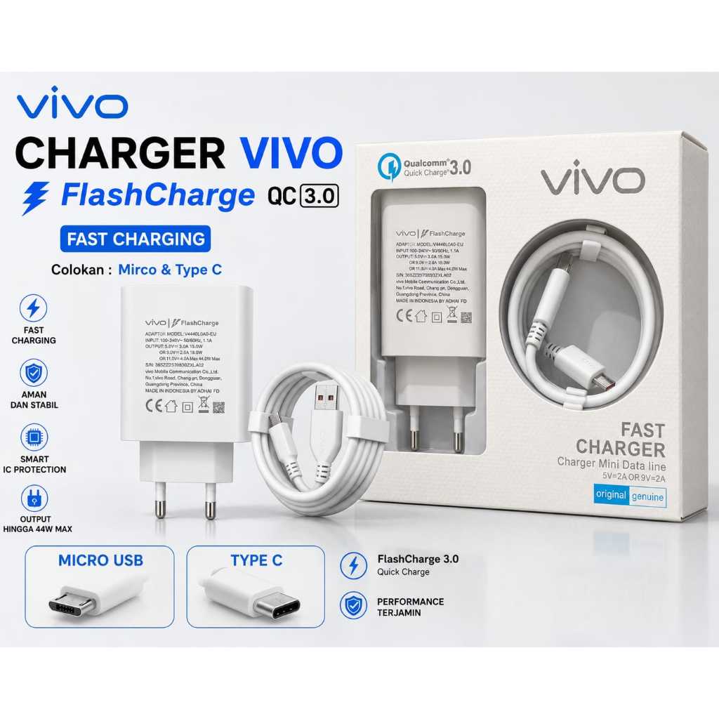 CHARGER VIVO X27 X30 /Y51 new/ X30/ X50PRO/ Y50/ Z1X ORIGINAL TIPE MICRO USB/ TIPE C