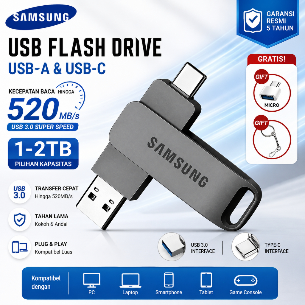 SAMSUNG Flashdisk Type C Dual Drive 1TB 2TB USB-A OTG Transfer Cepat Metal Casing Original + GRATIS 