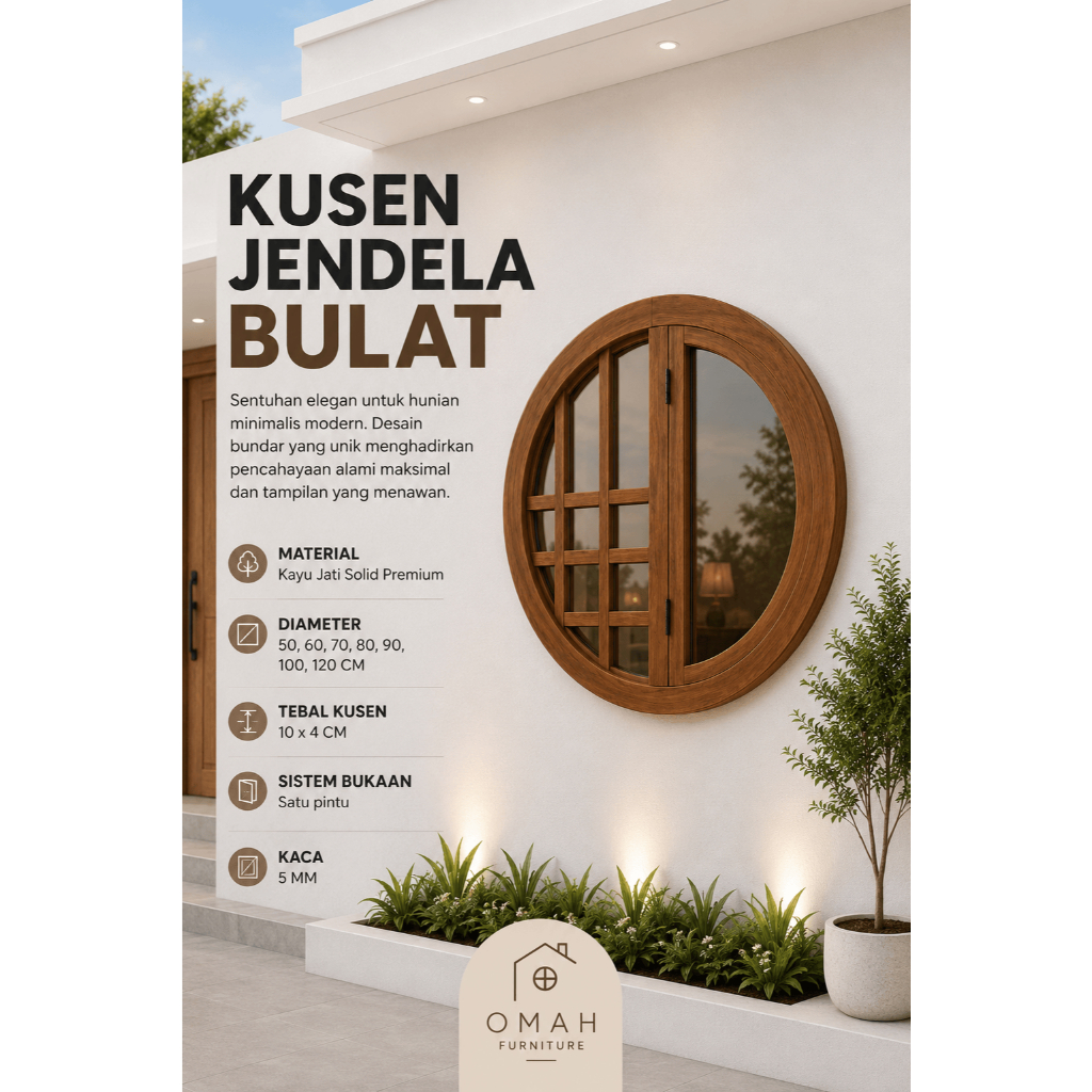 Jendela Kusen Bulat Kayu Jati Premium - Kusen Jendela Kayu Jati Minimalis - Jendela Bulat Rumah Mini