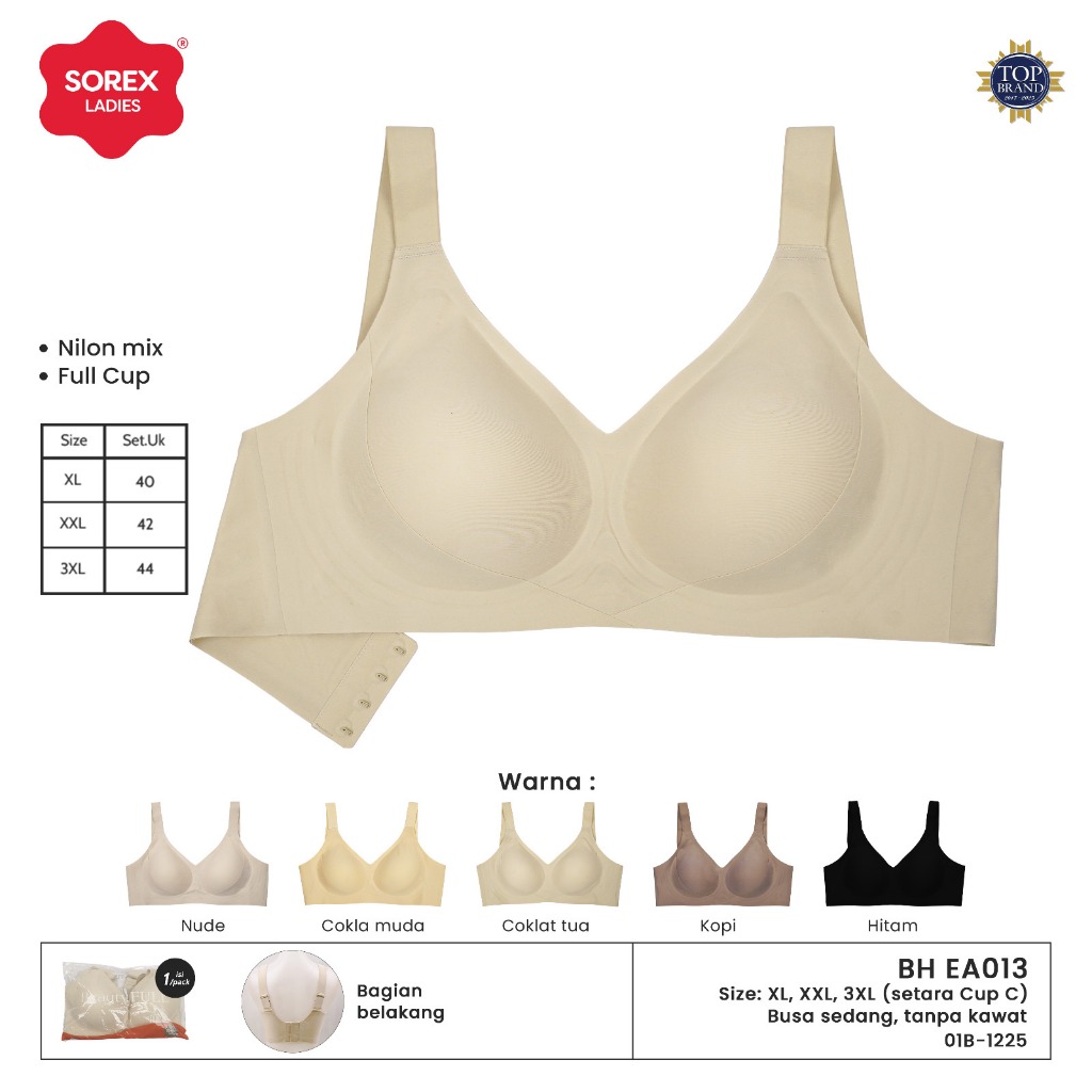 SOREX BRA BH EA 013 Tanpa Kawat Busa Sedang Kait 4 (Cup C)