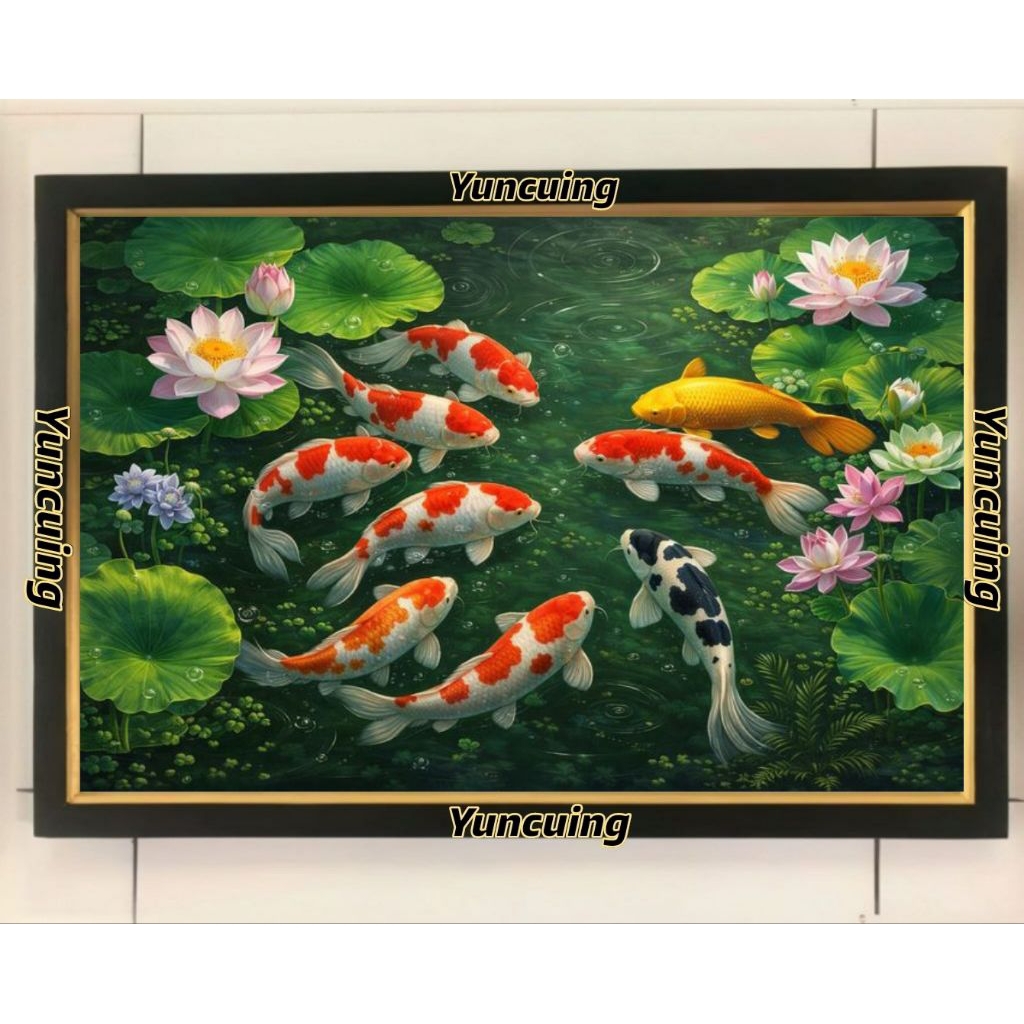 Hiasan dinding poster ikan koi 3D plus bingkai ukuran 53×35