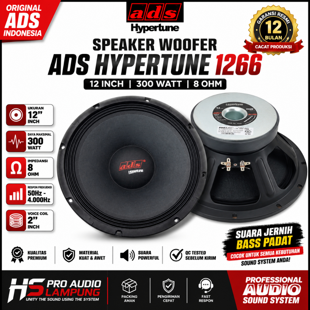 Speaker ADS 1266 Hypertune 12 Inch Woofer 300 Watt 8 Ohm Original Full Range