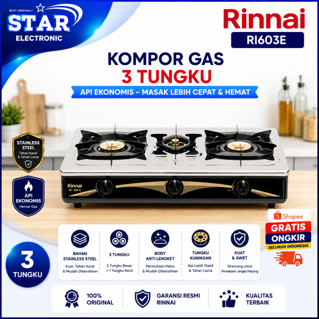 RINNAI KOMPOR GAS 3 TUNGKU RI 603 E/RI603E/RI603 E/RI 603E/RI-603E/ORIGINAL RINNAI/GARANSI RESMI