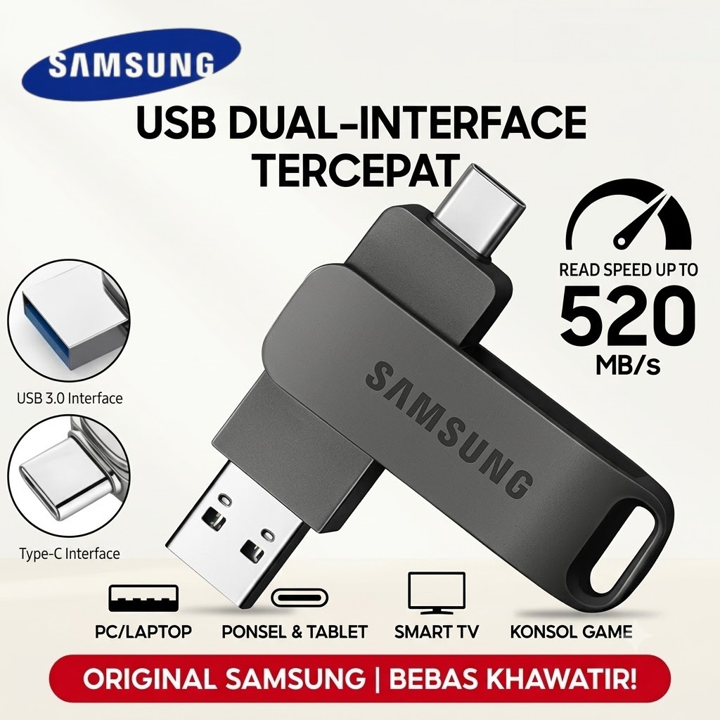 Flashdisk Samsung 2in1 OTG Type C & USB 3.0 High Speed 520MB/s 1TB 2TB Large Capacity Original Flash