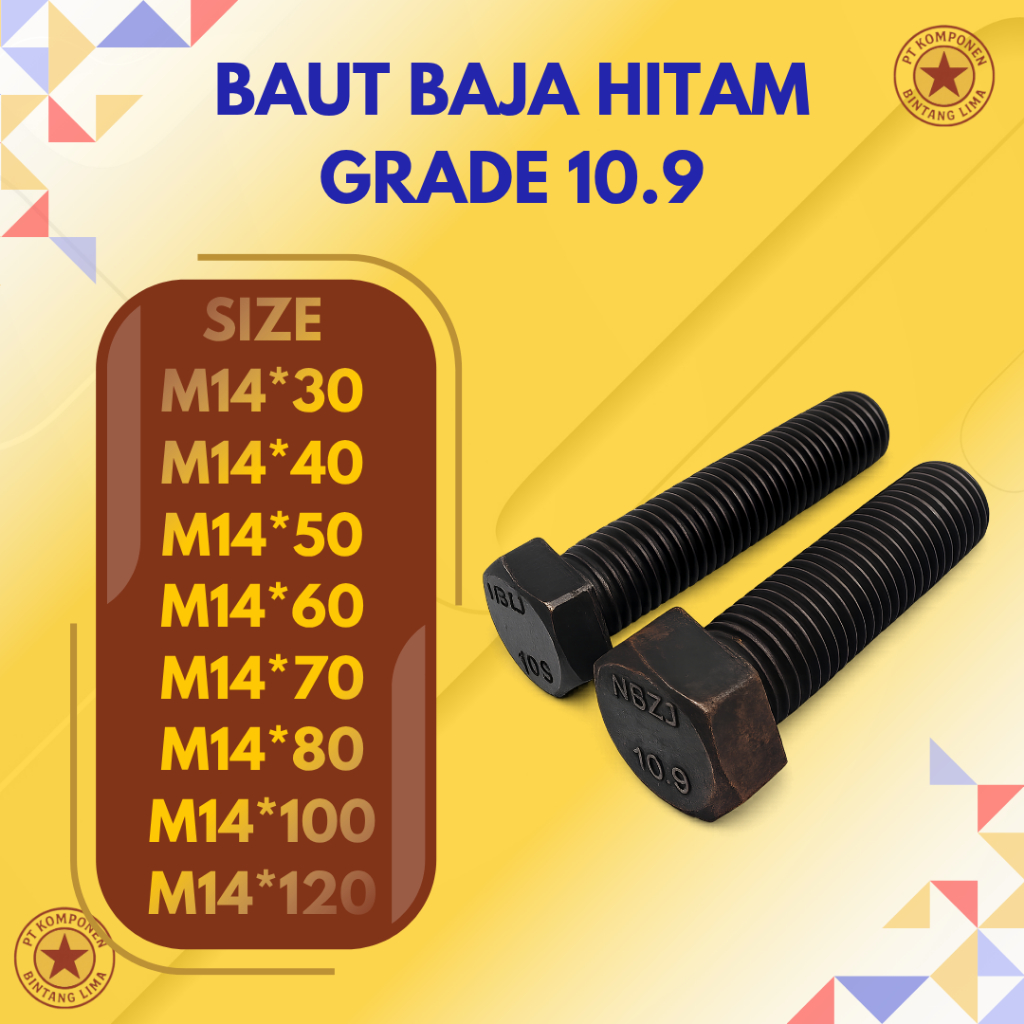 Baut baja hitam M14 GRADE 10.9 Hex Full Drat (Baut aja) M14X30/ M14X40/ M14X50/ M14X60/ M14X70/ M14X