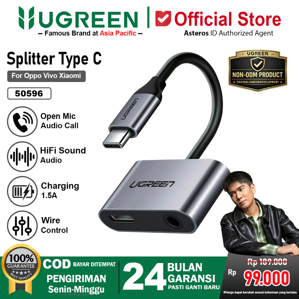 UGREEN Converter Splitter Type C to Jack 3.5mm + Type C Charging Audio Call Open Mic Game 50596