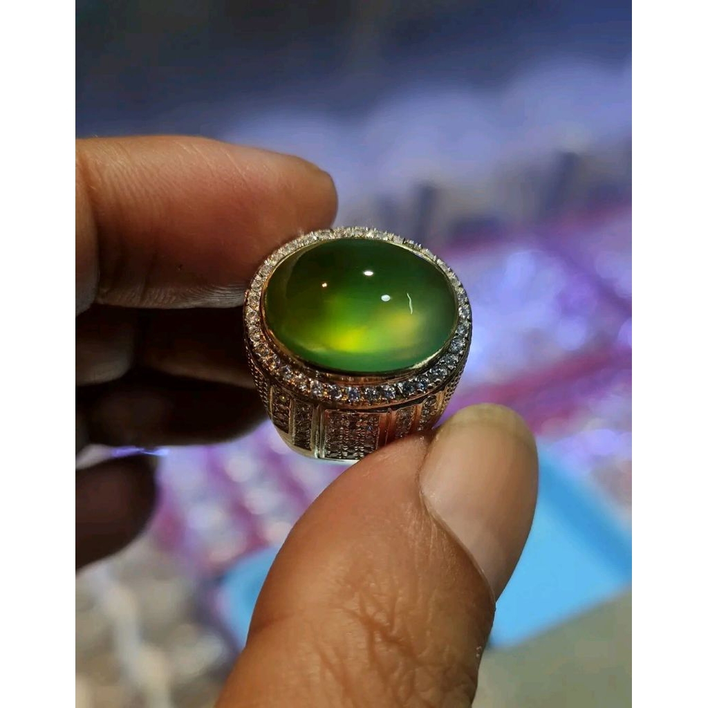 Natural Cincin Akik Bacan Gulau Ijo Botol Super Kristal Giwang Ring Perak