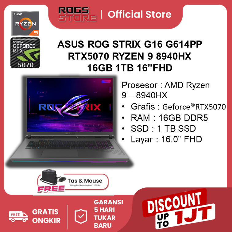 ASUS ROG STRIX G16 G614PP - RTX5070 RYZEN 9 8940HX 16GB 1TB SSD 15.6"FHD