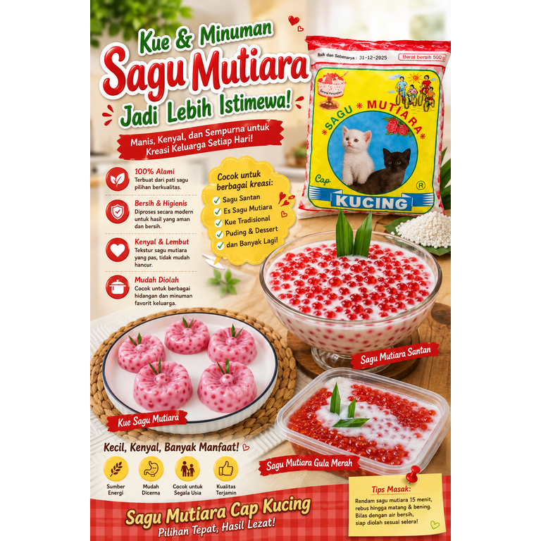 Sagu Mutiara Cap Kucing 100 gram untuk bubur mutiara