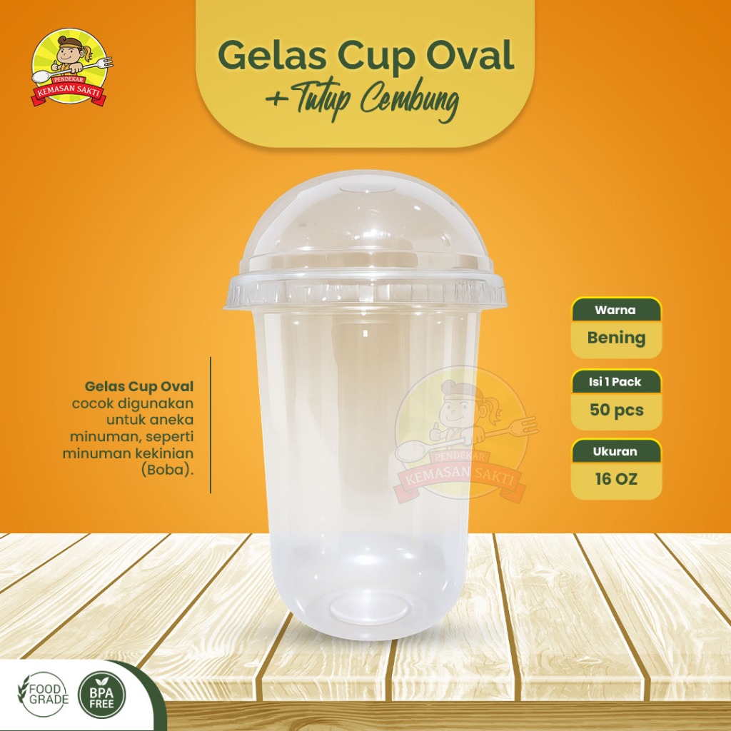 Gelas Cup Oval U 16 Oz + Tutup / U Cup Plastik Oval /Cup Boba / Cup U 16 oz
