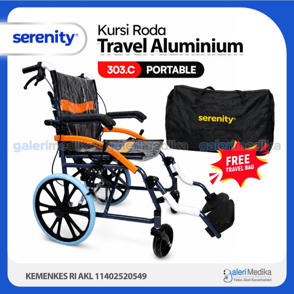 Kursi Roda Travel Serenity 303C / 303 C / 303-C Lipat Tipis Steel Wheelchair