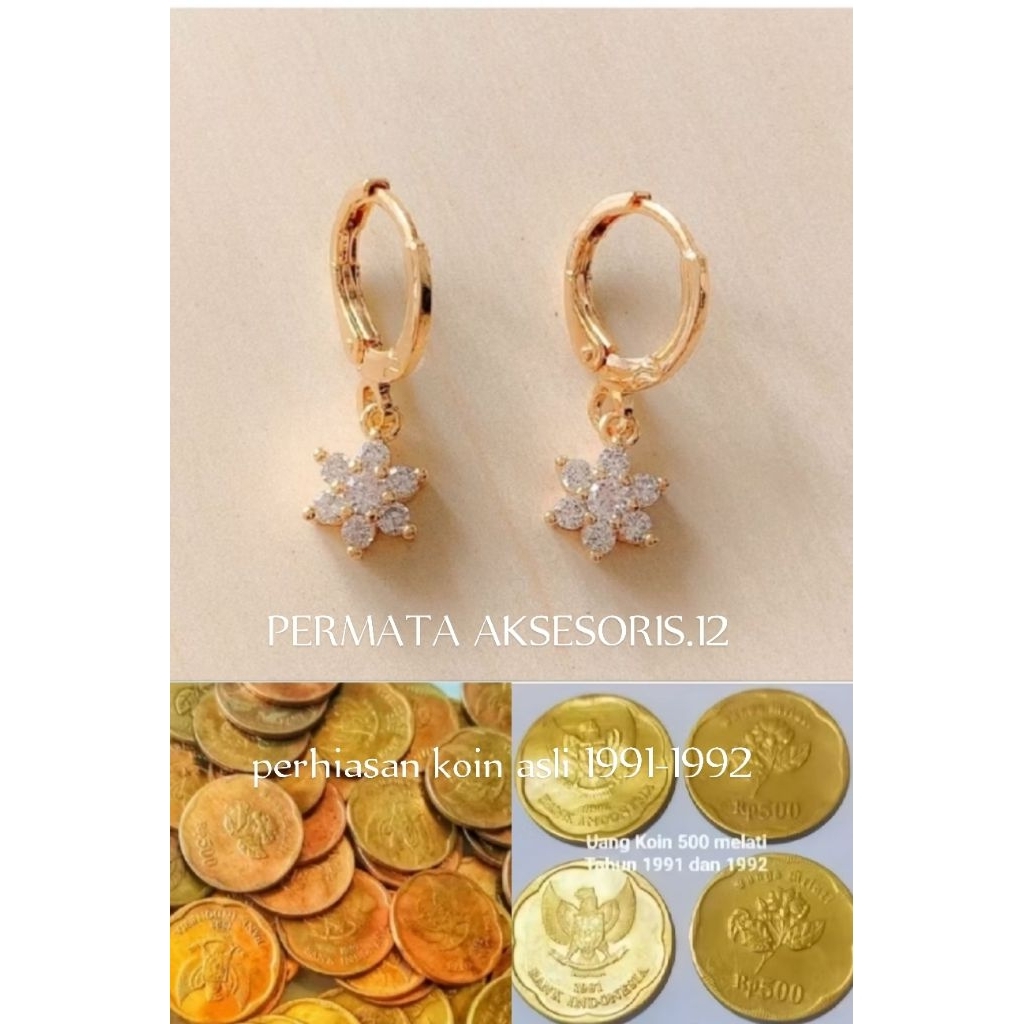 Anting koin asli 1991-1992 anting koin permata kembang  warna emas anti luntur & karat