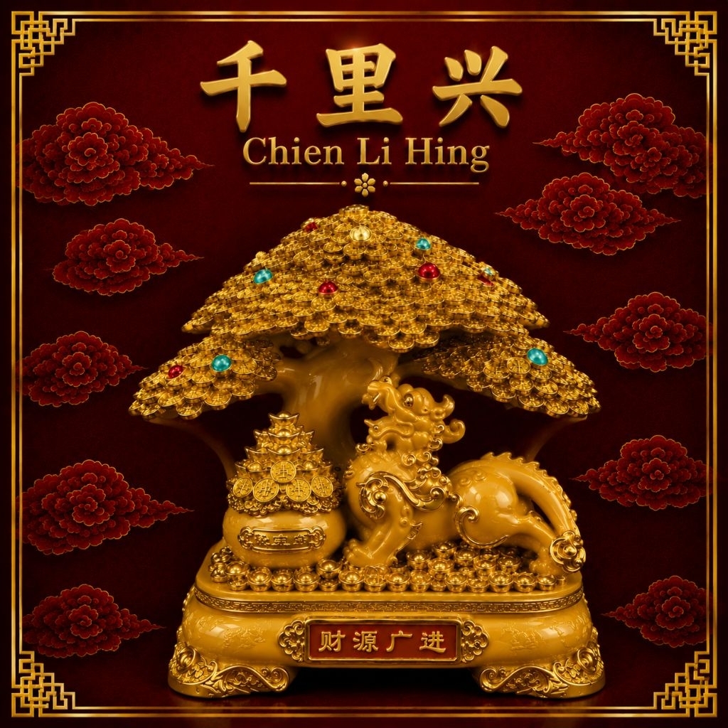 PJ14PH1 - Patung Pohon Rezeki dan Pixiu Emas Feng Shui Pajangan Lelang Kelenteng Hiasan Meja