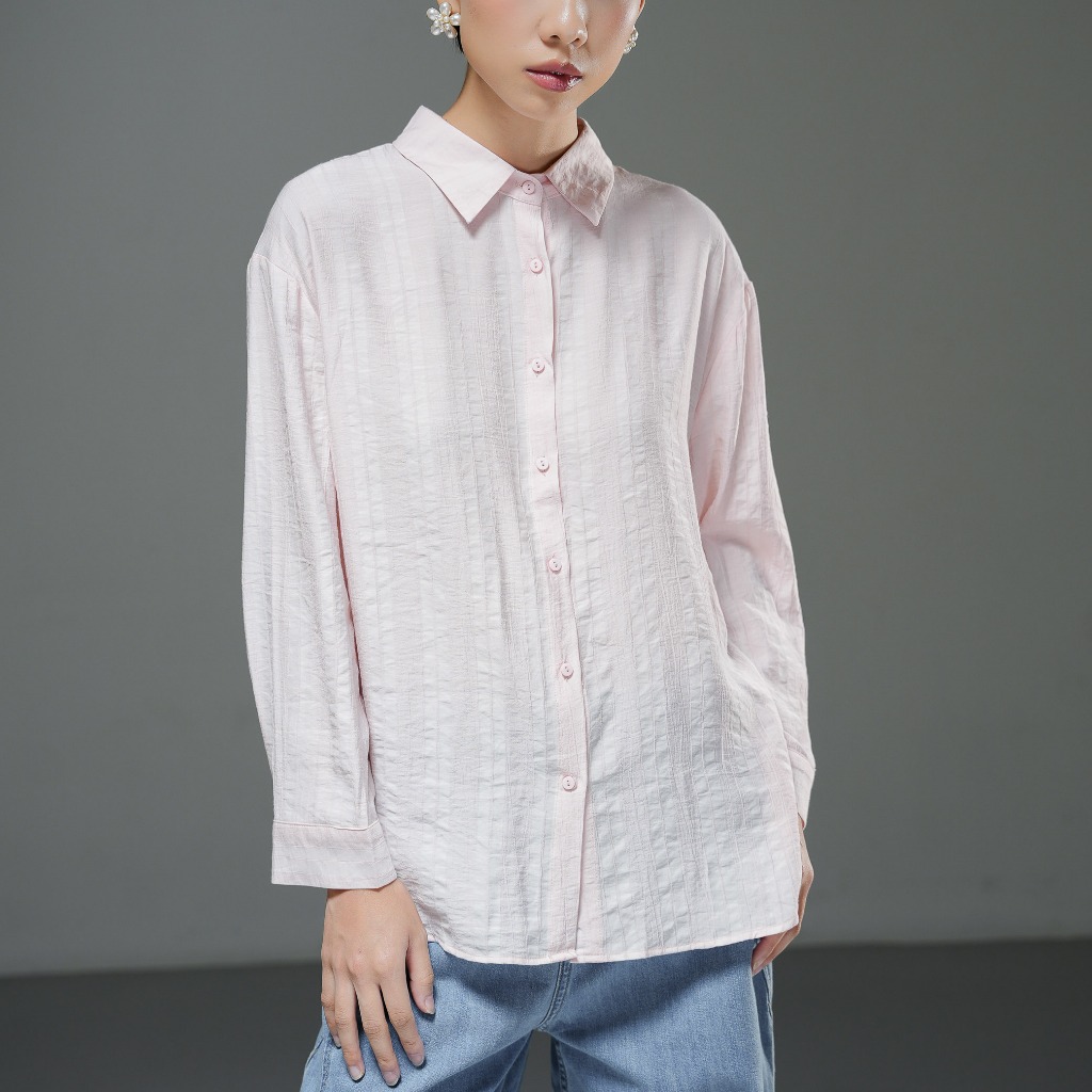This Is April Calliope Top Kemeja Wanita Lengan Panjang Stripped Cuff Green Dan Pink
