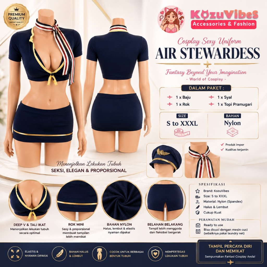 Kozuvibes Cosplay Sexy Uniform Seragam Pramugari Kostum Air Stewardess