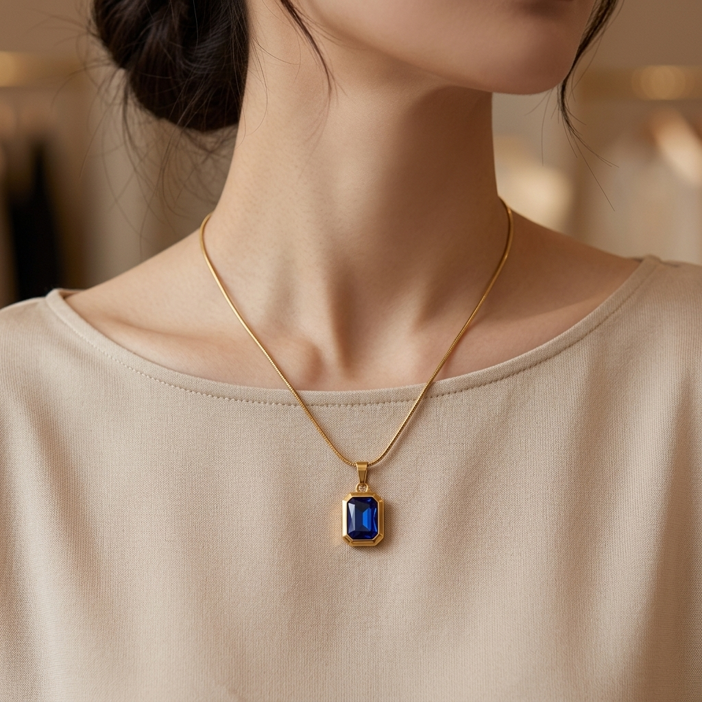Kalung Titanium Liontin Kotak Batu Biru Kalung Untuk Daily Loxla Jawlery