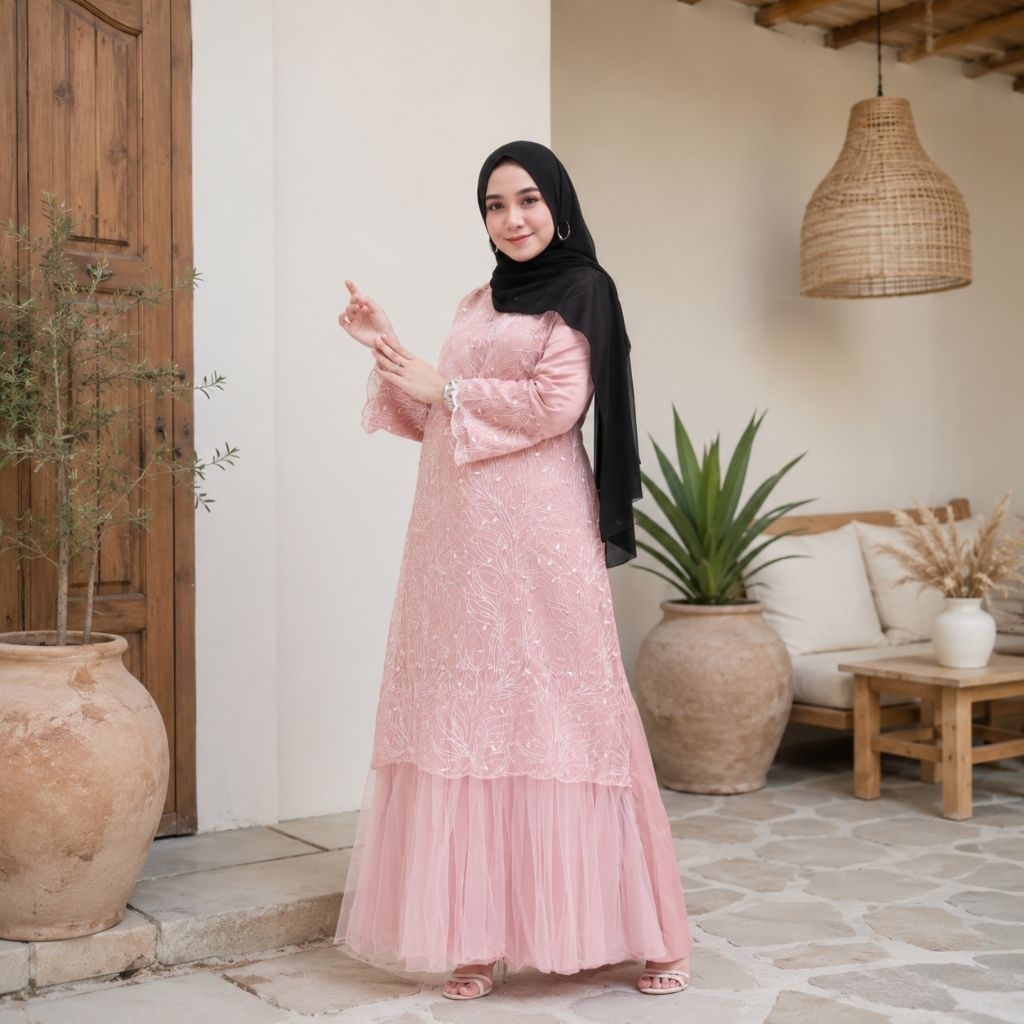 GAUN GAMIS BROKAT TILE MEWAH PESTA REMAJA