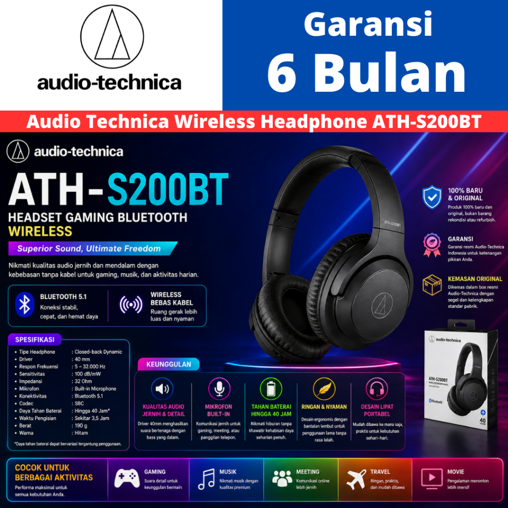 Headset Gaming Headphone Bluetooth Wireless Audio Technica ATH S200BT