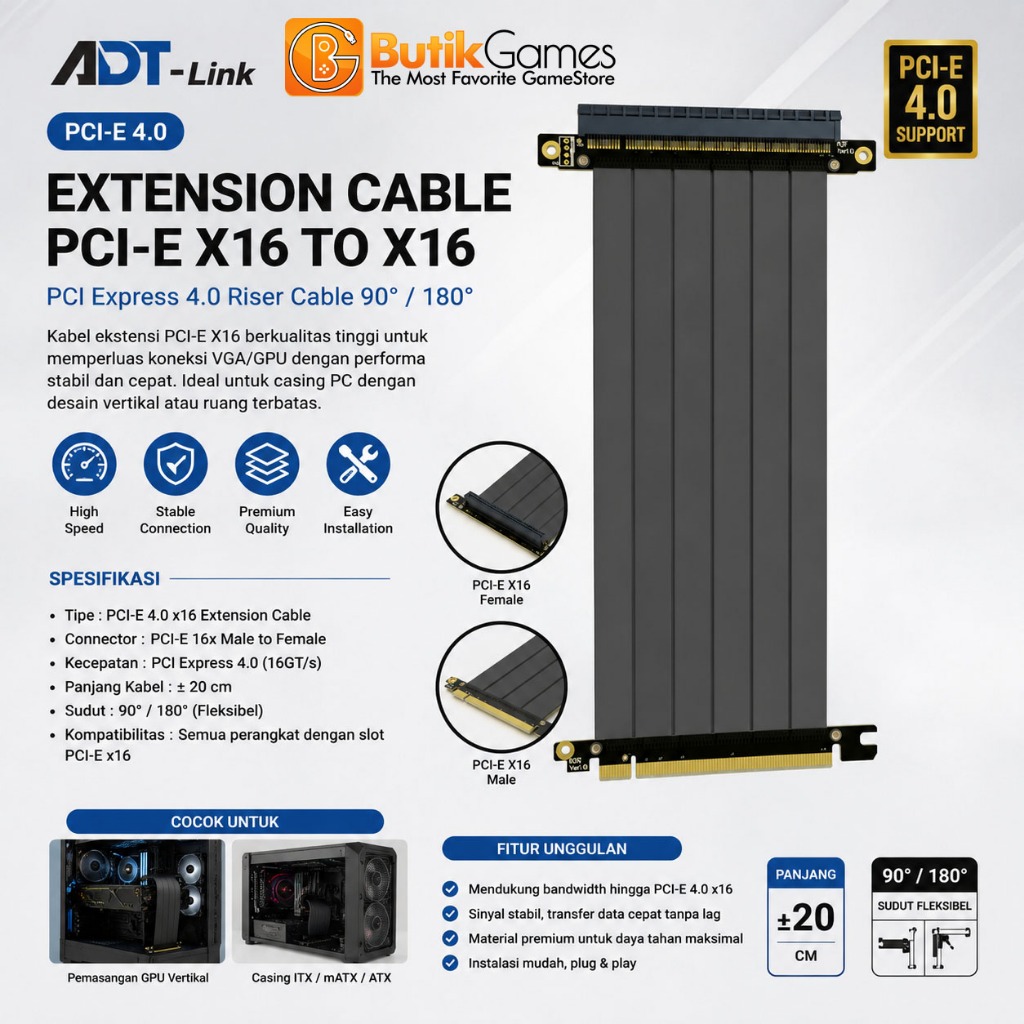 PCIE 4.0 Riser 90 180 Derajat GPU Fleksibel PCI Express 4 Extension ADT-Link extension cable PCI-E