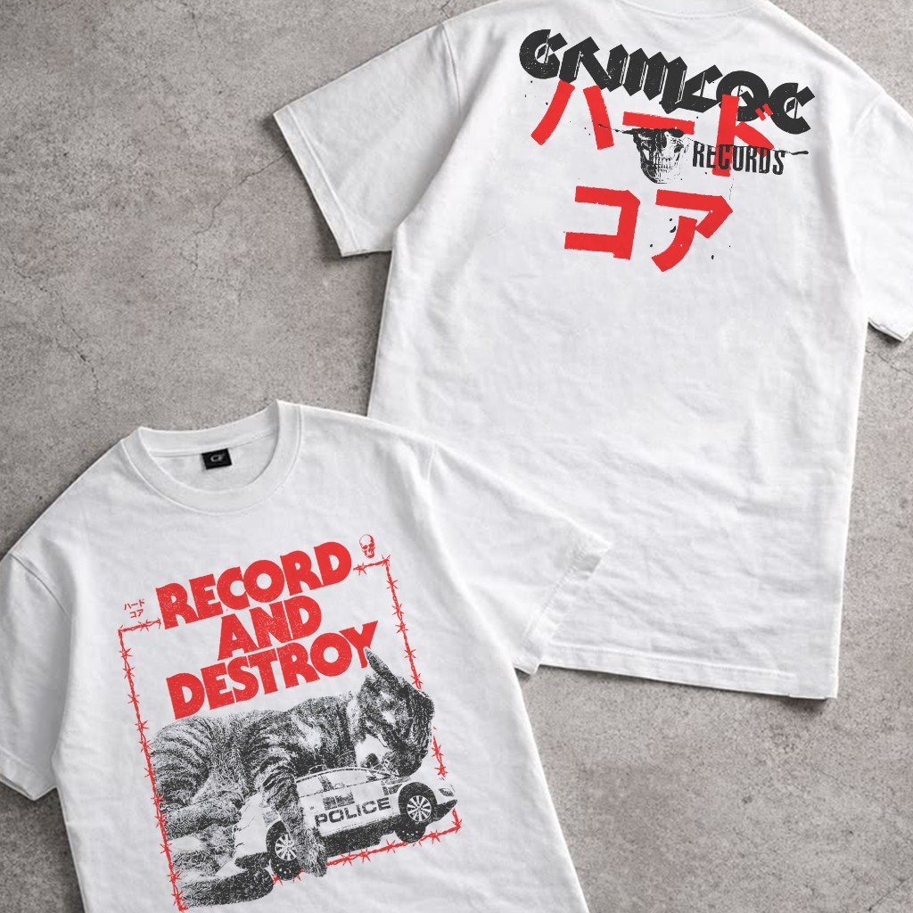 Kaos Streetwear Distro Putih Grimloc Desain " Record And Destroy " Premium Poliester - 111
