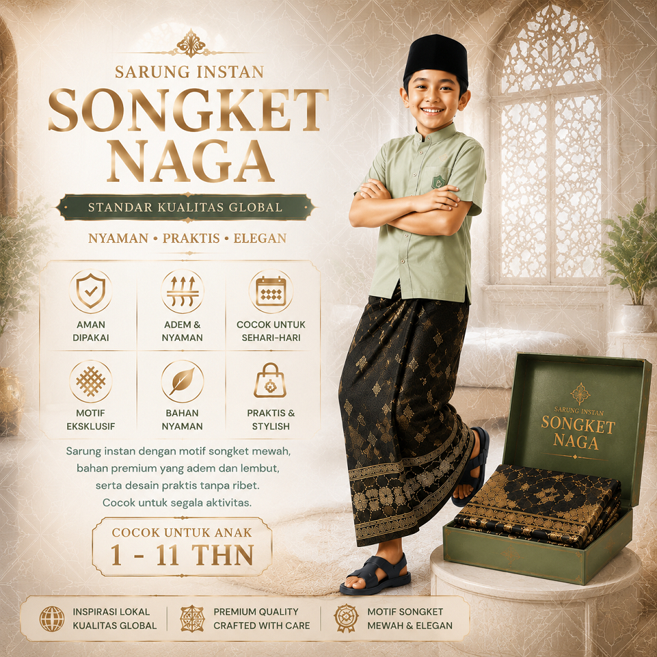 Sarung Instan Songket Naga Anak Motif Eksklusif Hitam Emas 1-11 Tahun Nyaman Praktis
