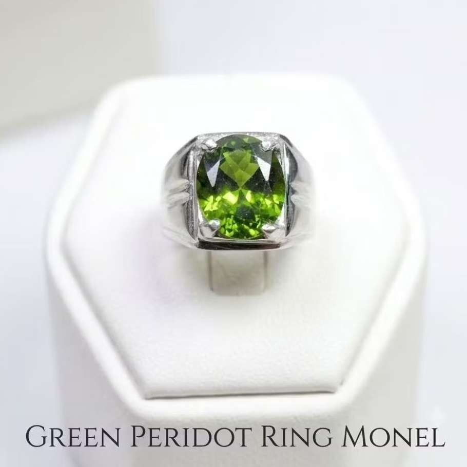 Batu Permata Green Peridot Ring Monel Ukuran Pria Wanita - Cincin Batu Akik Hijau Kristal Mewah Eleg