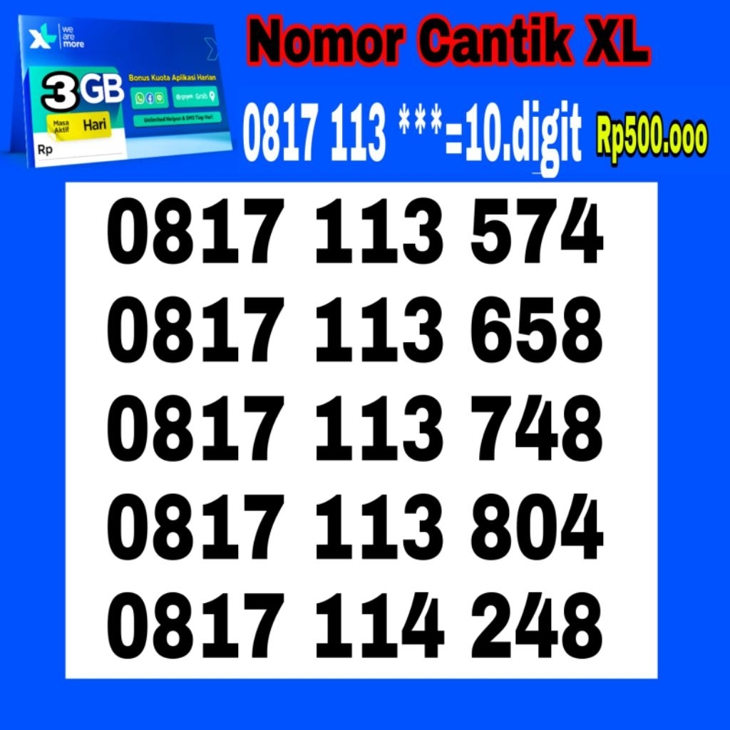 Nomor Cantik 10.digit  kartu perdana XL4g lite isi kuota 3gb