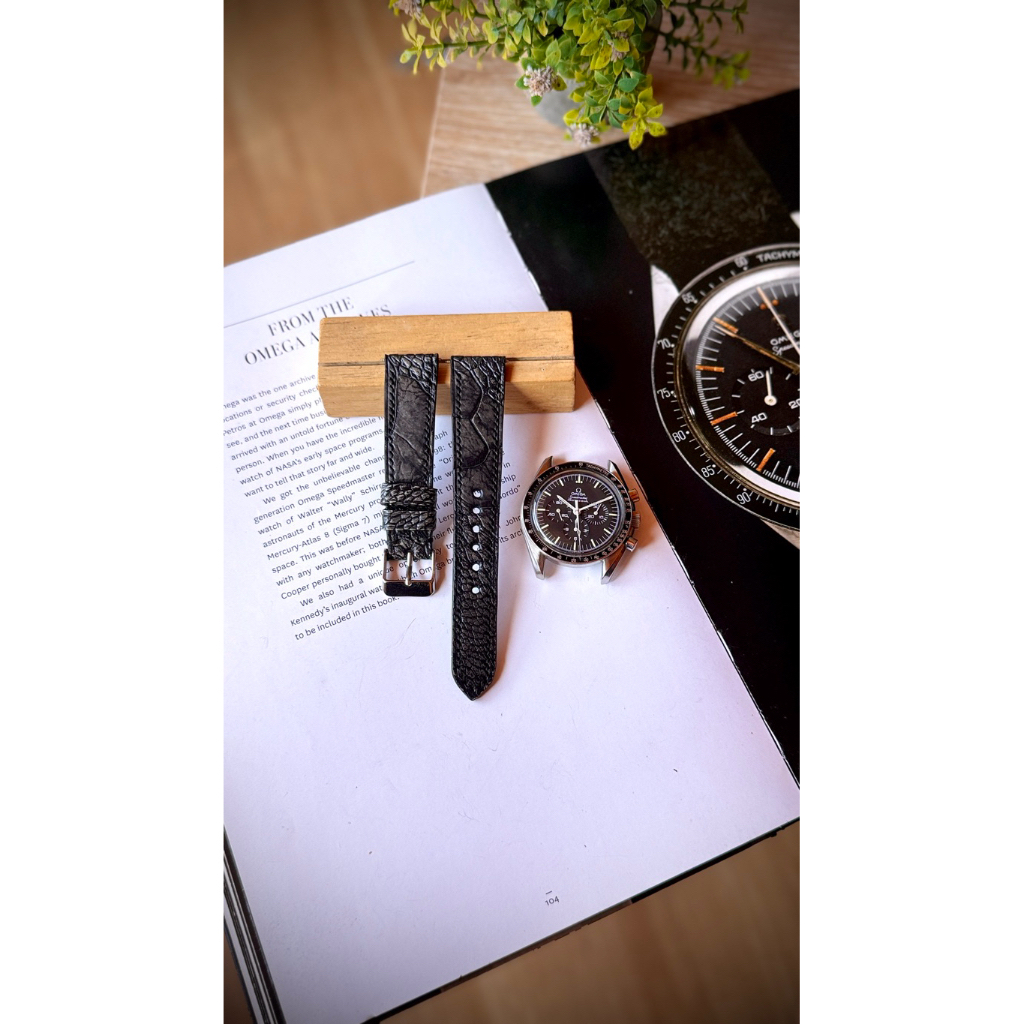 Handmade Strap Jam Kulit Ostrich Leg Flat Full Stitched - Grey 20mm