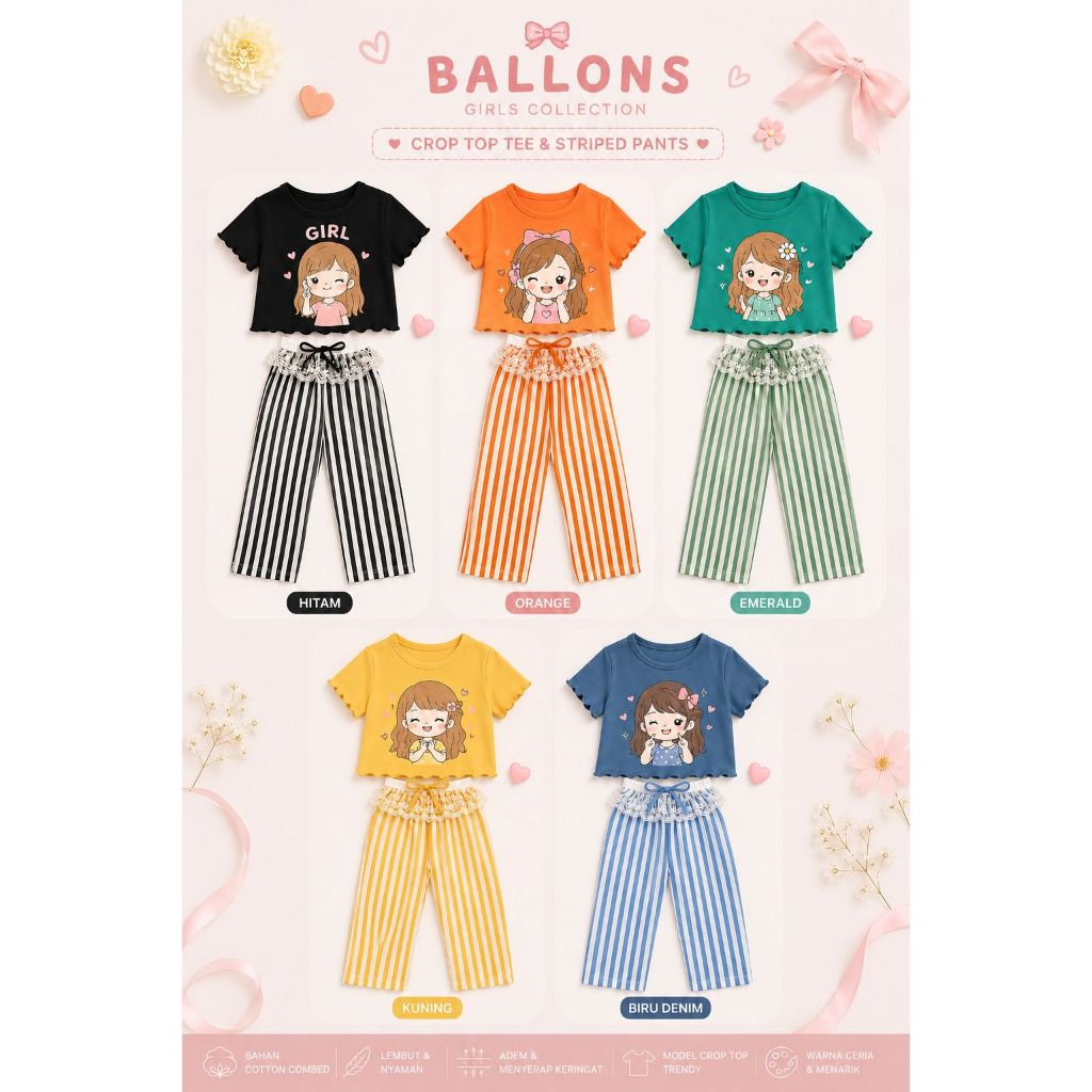 BALLOONS Setelan Baju Anak Perempuan Oneset Usia 1 - 5 Tahun