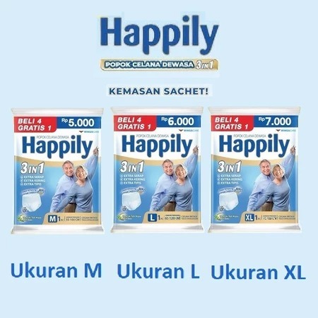 Happily Popok Dewasa kemasan sachet Rencengan isi 5 sachet - M5 ,L5 , XL5