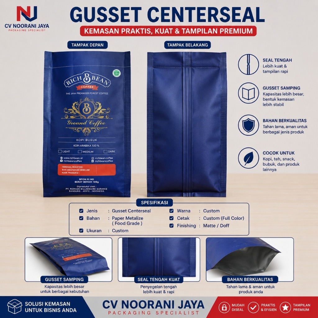 Kemasan Gusset Center Seal / Custom Full Printing / Bahan Paper Metalize
