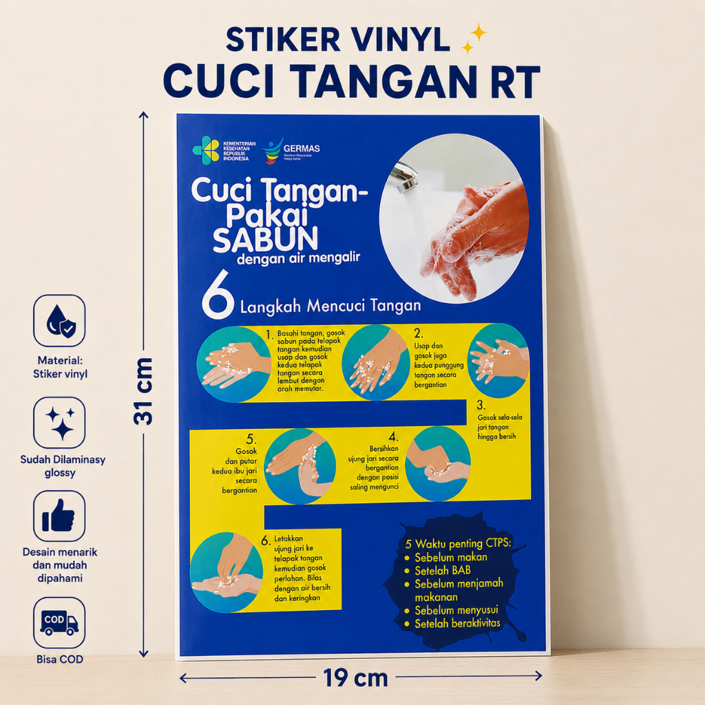 Stiker Cuci Tangan - Cuci Tangan 6 Langkah - Cuci Tangan Pakai Sabun