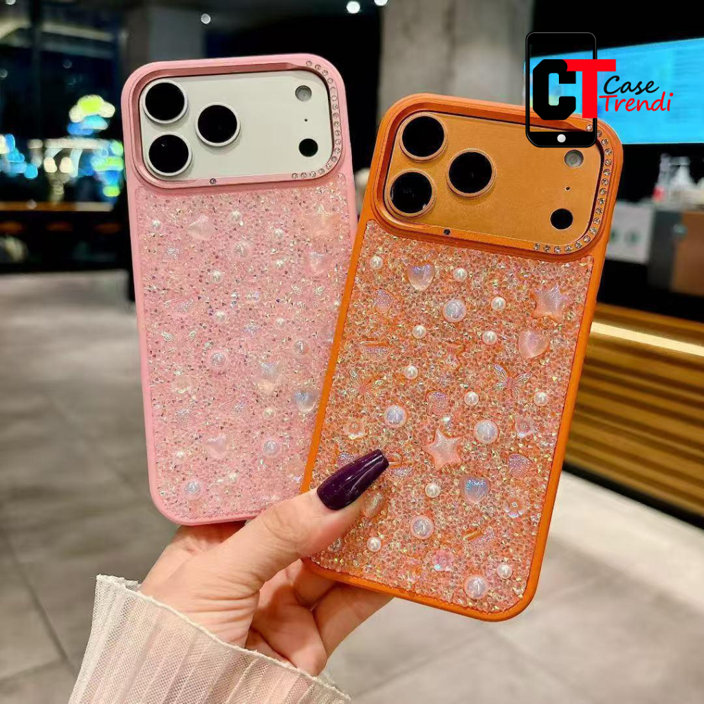 Case with Lens Protection Swarovski Rhinestones Iphone 17 Pro Max Mutiara & Krystal Dengan Rhineston