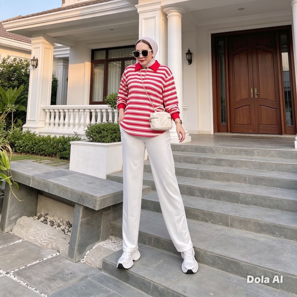 setelan celana setelan wanita salur merah putih kaos babyterry celana kaos